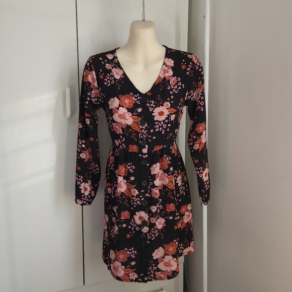 Aus 10 K-D Floral Red Black Long Sleeve V Neck Dress - Picture 5 of 16
